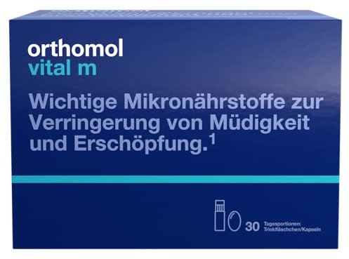 Orthomol Vital m für Männer - bei Müdigkeit - mit B-Vitaminen, Omega-3-Fettsäuren und Magnesium - Trinkampullen/Kapseln à 30 x Tagesportionen - Orangen-Geschmack