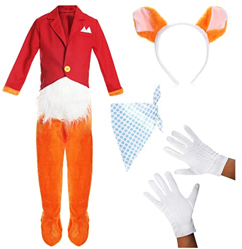 Mr Fox-dräkt för barn – stor – fantastisk rävdräkt för världsbok/bokvecka – kappa med bifogad rävsvans + kravatt + rävförkläde med skjorta fram + handskar + rävöron