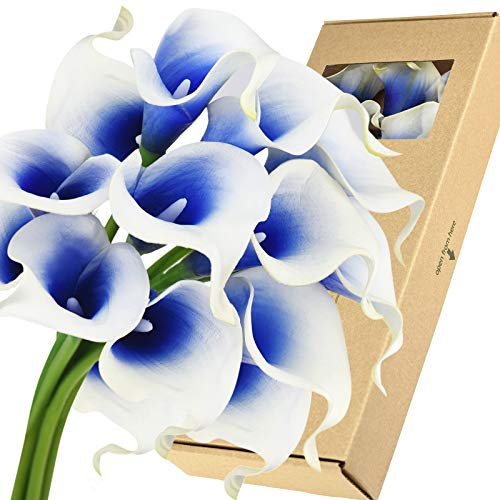 FiveSeasonStuff Real Touch Calla Lily Artificial Flowers Wedding Bridal Bouquet | Floral Arrangements | 15 Calla Lilies (Silk White & Abyss Blue)