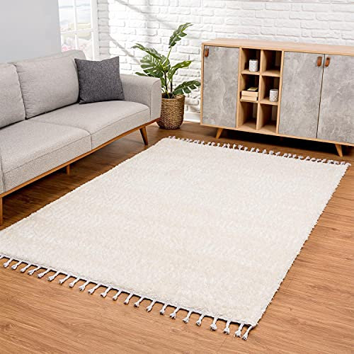 carpet city Hochflor Teppich Wohnzimmer - Einfarbig Creme - 160x230 cm - Shaggyteppich Langflor - Kettfäden - Schlafzimmerteppich Flauschig Weich - Moderne Wohnzimmerteppiche