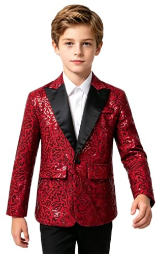 Mufeng Kids Boys Sequins One Button Blazer with Lapel Shirt Jacket for Wedding Birthday Pageant Prom Party Formal Suit Burgundy 7-8 Years