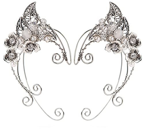 Happyyami Ohr Manschetten Silber Ohrmanschette Damen Fee Ohrringe Ohrclips Elfenohren Schmuck Ohrklemme Flügel Ohrschmuck für Frauen Hochzeit Halloween Weihnachten Cosplay Kostüm