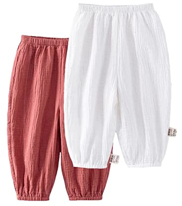 Baby lätta långa byxor anti-mygga bloomers bomull klimatbyxor pojkar flickor sommarbyxor 2-pack, Rödvit, 92/98 cm