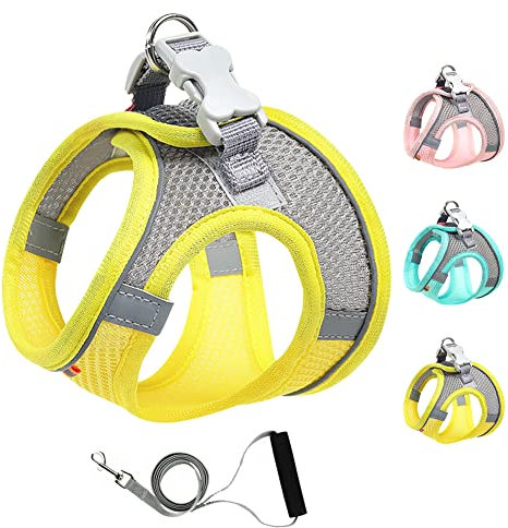 Mitili Mehrzweck Hundegeschirr mit Leine Set, Anti Zug Geschirr, Reflektierend Weich Gepolstert Hunde Geschirr, Air-Mesh Brustgeschirr für Kleine Mittlere Hunde, Haustiere, Katzen (Zitronengelb, XS)