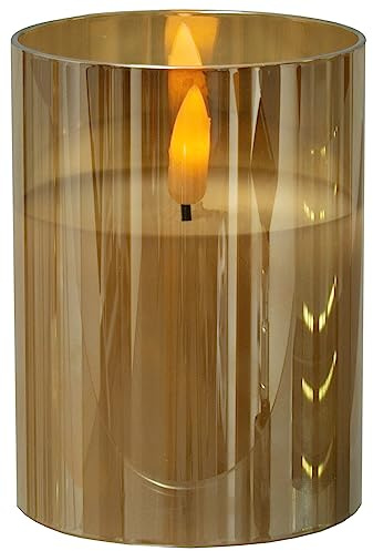 Brandsseller LED Kerze 7,5x10 cm Echtwachs im Glas Warmweiß Flackerfunktion Timerfunktion - Gold