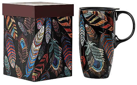 Topadorn Ceramic Travel Mug with Lid and Handle Gift for Coffee Lovers Ceramic Coffee Mug Ceramic Latte Teacup Ceramic Milk Mug in Color Box 17 Oz, Colorful Feather