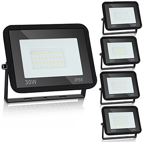 Daromigo Proyector LED para exterior, iluminación exterior 5 piezas 30W, proyector LED, 2550lm Proyector LED exterior, 6000K Blanco frío IP65 impermeable Proyector exterior, para patio, garage,