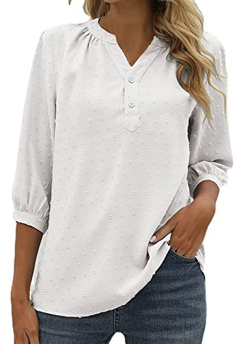 DeaAmyGline Bluse Damen 3/4 Arm T Shirt V Ausschnitt Oberteile Elegant Pompons Jacquard Frühling Sommer Tunika Top Lässig Arbeitshemd Stehkragen Pullover T-Shirts Blusen & Tuniken für Frauen