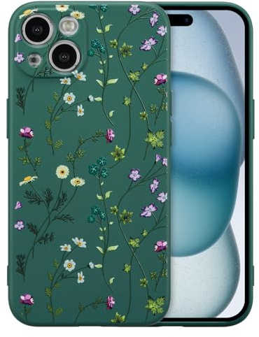 RALEAVO Hülle für iPhone 15, Blumen Silikon Schutzhülle, Dunkel Grün | Blumen Hülle für iPhone 15, Flüssig Silikon Stoßfeste Schutzhülle Niedlich Dünn mit Microfiber Matt Hülle