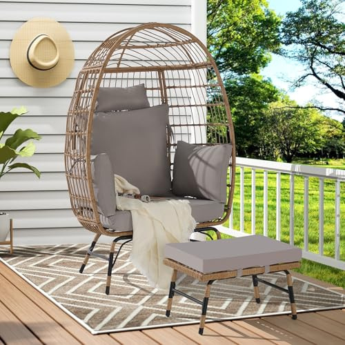 Wicker Rattan Hanging Egg Chair with Ottoman for Indoor & Outdoor Use,Oversized 600lbs Capacity Egg Swing Chair with Thick Cushions, Perfect for Porch, Backyard, Balcony (Light Gray)