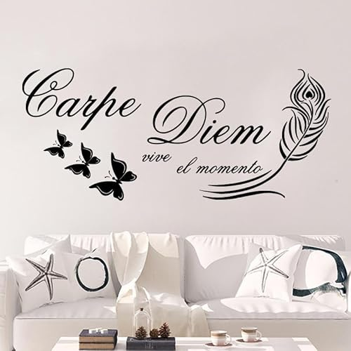 Adhesivo decorativo para pared con diseño de plumas de carpe diem español, viven en el momento, para habitación de niños, dormitorio, mariposa, 85 cm x 37 cm