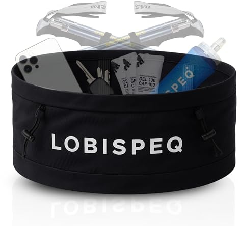 LOBISPEQ Ceinture de course homme Compressive Porte-bâtons Poche 360° | Sac banane running Trail Running Randonnée Entraînements et courses grande capacité, Noir, M