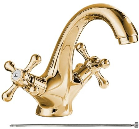 Grifo de fregadero de doble mango | Grifo mezclador de latón con manguera de 60 cm | Grifo de un agujero para lavabo de baño | Reemplazo de grifo de agua fría y caliente para lavabo, tocador