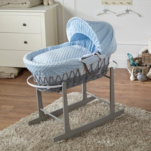 For Your Little One Wicker Moses Basket with Rocking Stand, 83 x 49 cm, Hand-woven Natural, Hypoallergenic Mattress Grey Wicker/Dimple Pattern (Blue)