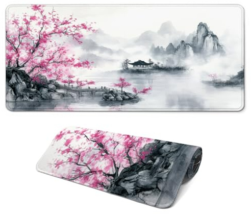 FTSYAD Gaming Mouse Pad, Large 31.5 x 11.8 inches Mousepad, Long Keyboard Pad, Cute Mouse Mat for Computer with Stitched Edges and Non-Slip Base (Pink Cherry Blossoms)