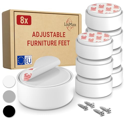LouMaxx Piedini per Mobili Adesivi Regolabili in altezza Ø 55,5 mm – Piedini Mobili Bianchi Altezza Regolabile – Rialzi per Mobili con Materiale di Montaggio – Set da 8