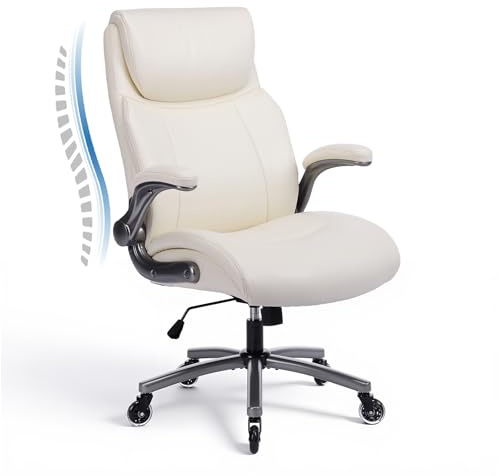 MALOL Ergonomic High-Back PU Leather Executive Office Chairs, Heavy Duty Home Computer Chair with Lumbar Support and Flip-Up Arms, 300lbs, Beige