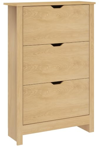 HOMCOM Scarpiera Salvaspazio Slim 3 Ante a Ribalta 72x26x112cm Color Legno | Scarpiera Ingresso, Ripiani Regolabili su 2 Livelli, Base Rialzata, Porta Scarpe per 18 Paia, Maniglia a Incavo