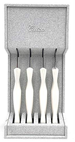 CUTCO Model 1864 Set of Four White (Pearl) #1759 Table Knives Plus #1745 Tray.Knives Have 3.4 Double-D® Serrated Edge Blades and 5 Handles.Knives are in Factory Sealed Plastic Bags.