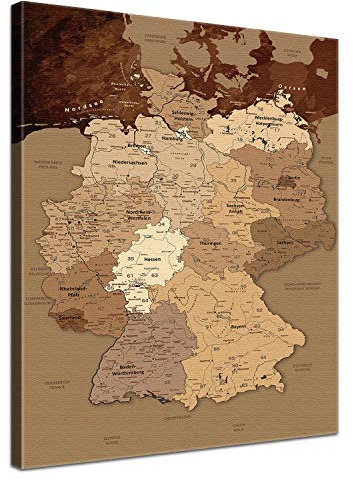 LANA KK - Premium Pinnwand Deutschlandkarte - Antik - Deutsch - in 40 x 60 cm, stabile Rückwand zum Pinnen inkl. Starterkit - Leinwand-Kunstdruck Wandbild Landkarte XXL