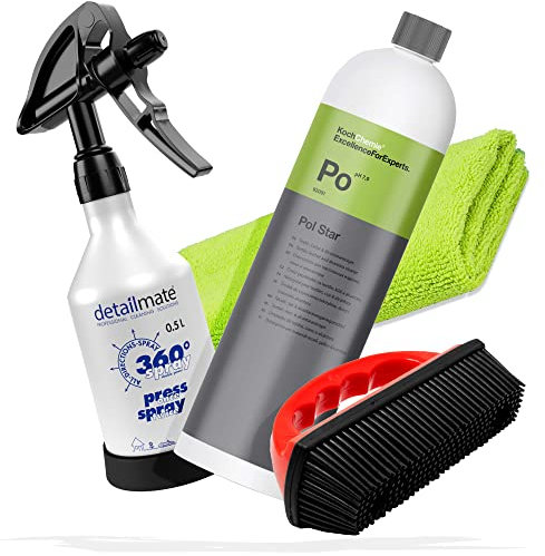Detailmate Innenreinigung Set - Koch Chemie POL Star - Textil-, Leder & Alcantarareiniger 1 Liter - detailmate by Kwazar Super PRO+ 360 Grad Sprühflasche 0,5L, Mikofasertuch 40x40cm - Gummibürste