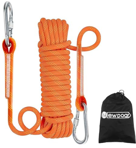 NewDoar Climbing Rope 8(5/16in),10mm (3/8in), High Strength Accessory Cord Rope with 2 Steel Hooks, for Outdoor Rescue Rappelling Rope Down Cliffs ledges Safety Escape Tow Strap Equipment(Orange)