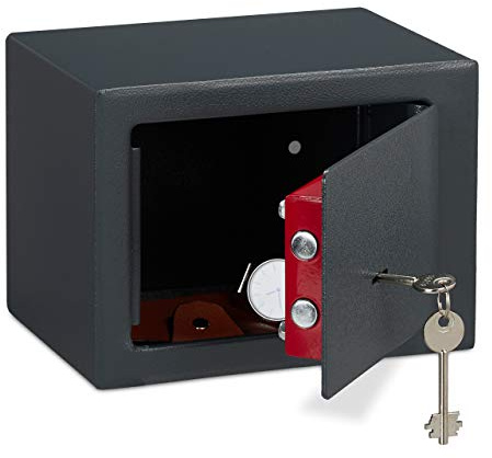 3 x Möbeltresor mit Schlüssel, Doppelbartschloss, Befestigung Wand oder Boden, Minisafe, HxBxT: 17 x 23 x 17, dunkelgrau