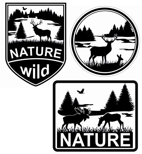 3er Set Auto Aufkleber Nature Wild für Fahrzeuge Sticker Autoaufkleber Carsticker Hirsch Elch Wald selbstklebende Folie waschstraßenfest (R051)