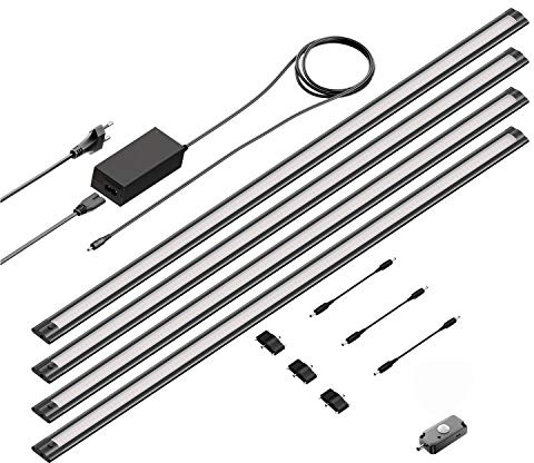 ledscom.de 4er Set LED Unterbau-Leuchte SIRIS schwarz matt, mit Bewegungsmelder, flach, je 90cm, je 963lm, warmweiß