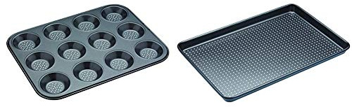 MasterClass Crusty Bake Perforated Mince Pie Baking Tray with 32 x 24cm 12 Hole Tart Tin Crusty Bake Perforated Baking Tray with PFOA Free Non Stick, 39 x 27 cm