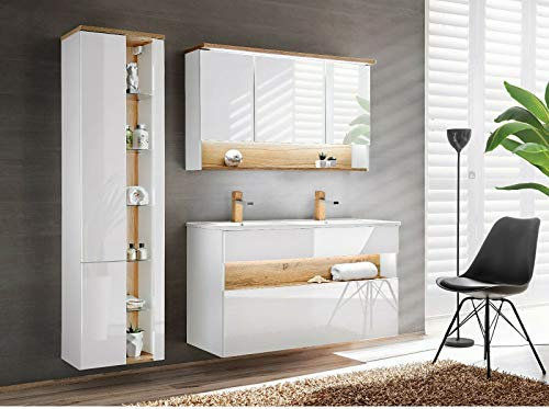 NAKA MRS Badmöbel Set Bahama-WEIß 120 Badmöbel mit Doppelwaschbecken LED, montiert (Waschtisch Spiegelschrank Hochschrank)