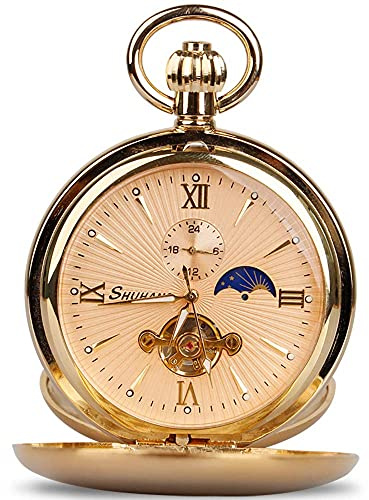 Tiong Montre de poche mécanique vintage Tourbillon unique Phase de lune Chiffres romains Échelle Double Hunter Montres de poche et coffret cadeau, doré, Rétro