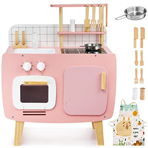Mamabrum Retro Kinder SpielküChe aus Holz, 73cm KinderküChe mit Schürze, Backofen, Spüle & 9 Zubehörteile - Rosa Rollenspiel Set für Mädchen & Jungen