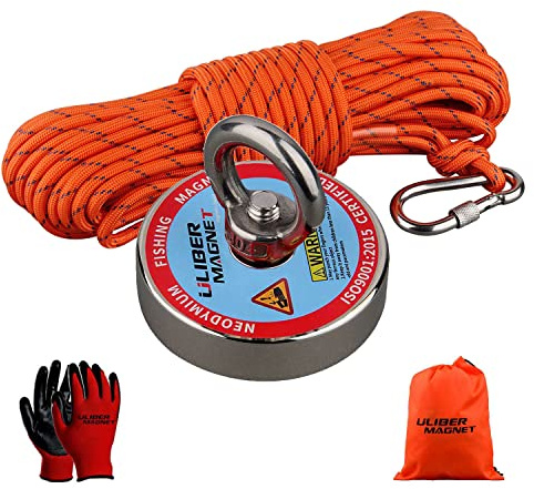 ULIBERMAG Magnetisches Angelset, robuster Neodym-Magnet N52 mit langlebigem Seil, magnetisch, zum Sammeln von Schätzen in Flüssen... (D60 mm, Angelmagnet 180 kg)