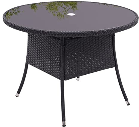 Warmiehomy Rattan Garden Dining Table 105cm Round Tempered Glass Top, Black | Outdoor Table with Umbrella Hole, For Outdoor Dining, Patio, Bistro,Cafe