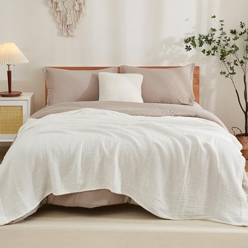 EMME, Coperta in mussola di cotone per letto matrimoniale, morbida, grande, a 6 strati, 203 x 228 cm, leggera e traspirante, per tutte le stagioni, in garza bianca