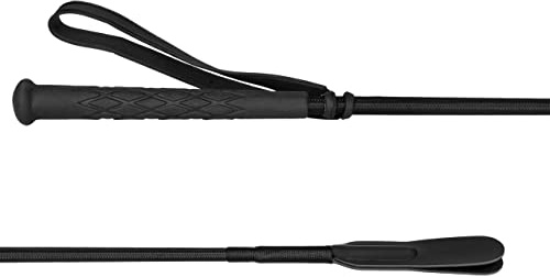 Start Reitgerte für Pferde – Springgerte mit rutschfestem Griff und Handschlaufe – Stabiler Polycarbonat-Kern, Lederklatsche – ideal für Training und Reitsport - 65 cm (Schwarz, 65 cm)