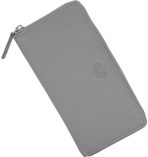Baur Damen Geldbörse Echt Leder Geldtasche | Geldbeutel mit RFID Schutz | Großes Portemonnaie viele Kartenfächer | Wallet mit Rundum-Reißverschluss | Portmonee | Damen-Geldbörsen (Grau)