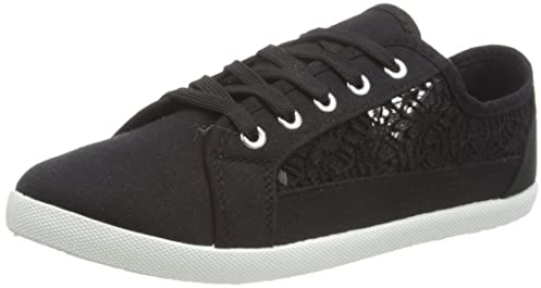 MMK Manchester® Women's Canvas Plimsolls Soft Lightweight Lace Embroidered Sneaker Shoes - Ladies Summer Beach Pumps Fashion Trainers Casual Flat Shoes (Black, UK 6)