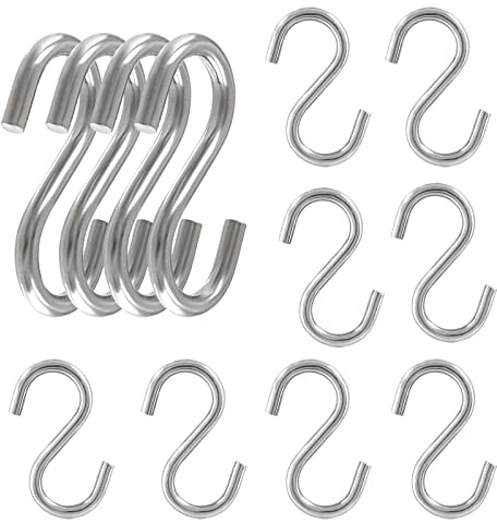 HARSKIYER 12pcs 304 Stainless Steel S Hooks, 0.16'' / 4mm Metal S Shaped Hooks Heavy Duty Hangers Hanging Hooks for Hanging Pots Plants Cups Clothes Keys Caps