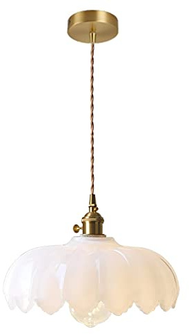 LOTREE Milk White Glass Pendant Light Fixtures Medium 9.8 Inches Lampshade Gold Brass Finish and Switch Vintage Pendant Ceiling Lamp Copper Pendant Lighting (Milk White)