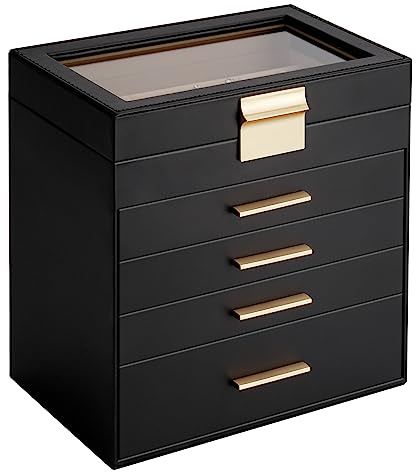 Somduy Schmuckkästchen, 5 Ebenen, Schmuckaufbewahrungsbox mit Glasdeckel für Frauen, 4 Schubladen, großes Fassungsvermögen für Halsketten, Ohrringe, Armbänder, Ringe, schwarz
