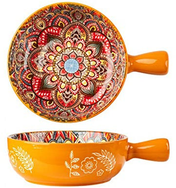 LAVAMI 600ml/20 Ounce Ceramic Baking Dish,Large Pie Plate with Handle Set of 2,Bohemian Style Bowls Microwave Safe Bowls-red-15cm (Color : Oranje, Size : 15cm)