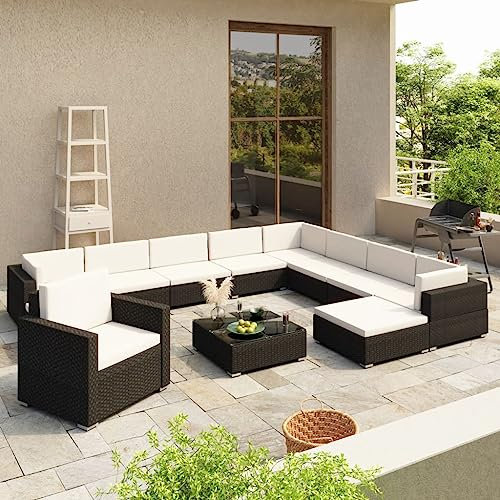 ULUYYUC 12-TLG. Garten-Lounge-Set, Polsterbank Terrassenmöbel Stehtisch Eckbank Küche Geeignet für Balkon Garten Hinterhof Außenbereich mit Auflagen Poly Rattan Schwarz