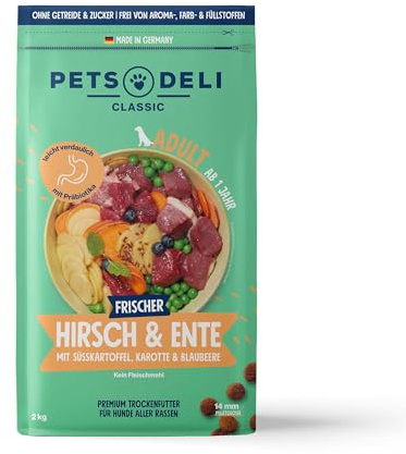 Pets Deli Classic Trockenfutter für Hunde mit Hirsch, 2kg | Frisches Enten- & Hirschfleisch, gut verdaulich dank Präbiotika, mit Kräutermix, getreidefrei, ohne Zucker, Premium Qualität