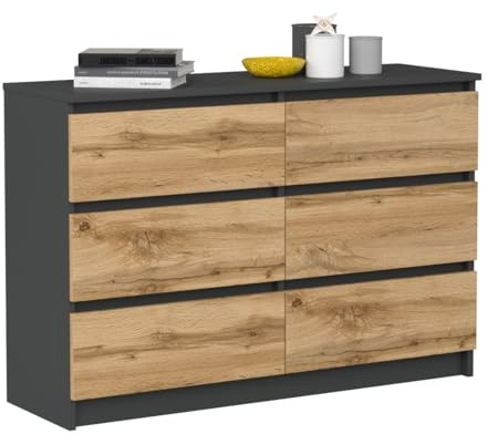 VBChome Kommode mit 6 Schubladen Antrazit - Artisan 120 x 39 x 81 cm Grifflose Schubladenkommode Holz Mehrzweckschrank Mehrzweckschrank für Flur Schlafzimmer Wohnzimmer Kinderzimmer Einfache Montage