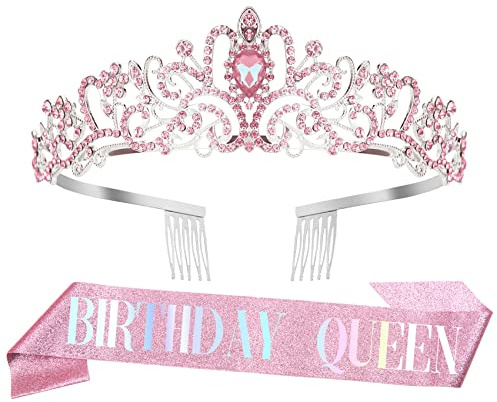 Banda Cumpleaños,Banda Cumpleaños Mujer,Corona Cumpleaños,Corona Cumpleaños Tela,Birthday Girl,Coronas Doradas,Corona Reina,Tiaras Novia,Banda 18 60 Cumpleaños,Birthday Queen Diadema Accesorios,Rosa