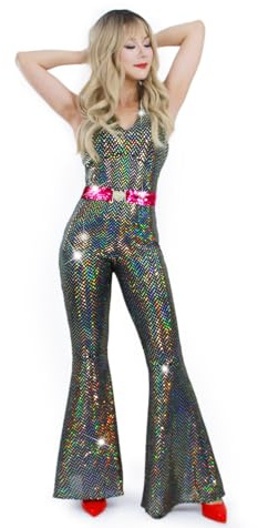 Muztagata Disco Outfit 70s 80s Prom Sparkle Flare Jumpsuit Party Costume Halloween Cosplay For Adult Women