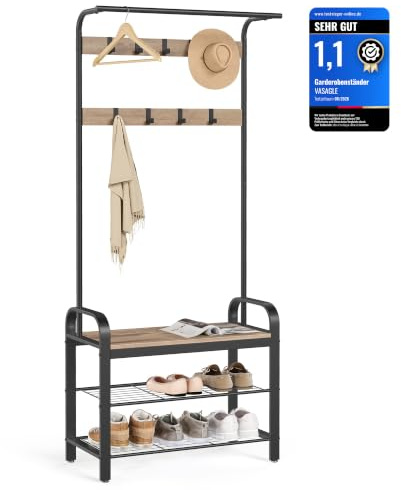 VASAGLE Klädställ, klädstativ med skoförvaringsbänk, 4-i-1-design, med 9 avtagbara krokar, en klädskena, för hall, ingång, 34 x 72 x 183 cm, industriell, kamelbrun och bläck svart HSR040K02