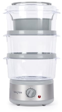 Salter Aspen 3-Tier Food Steamer – 7.5L Capacity, 3 Stackable Steaming Baskets, 600 ml Rice Bowl, 60 Minute Timer, Collapsible for Easy Storage, Healthy Cooking, Vegetables, Fish, 500W, EK6351MMS
